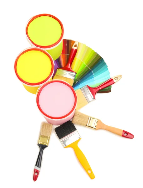 Set for painting: paint pots, brushes, palette of colors isolated on white — Stock Photo, Image