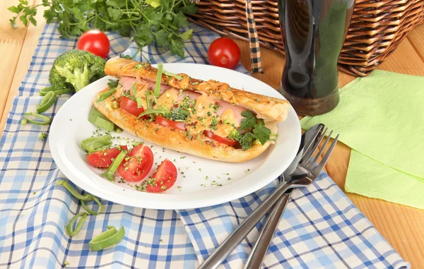 Delicioso perrito caliente en el plato en primer plano de picnic —  Fotos de Stock