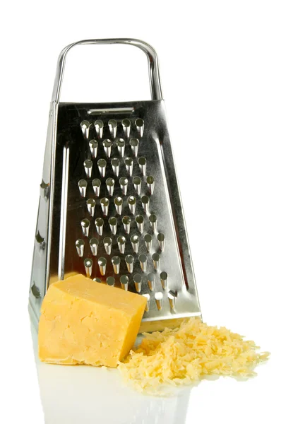 Metal grater and cheese, isolated on white — Stok fotoğraf
