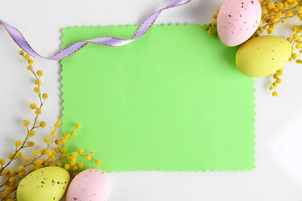 Empty card with easter eggs and mimosa flowers, isolated on white — Stock Photo, Image