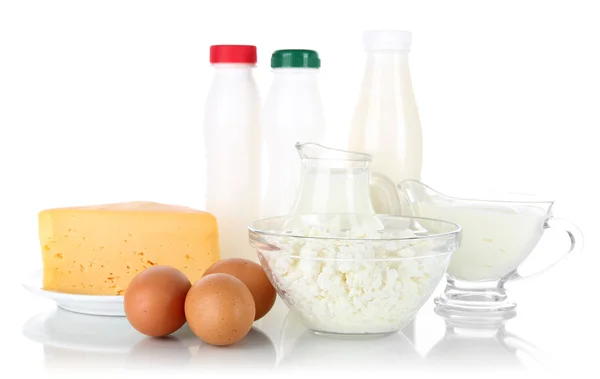 Dairy products and eggs isolated on white — Stock Photo, Image