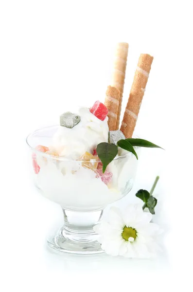 Ice cream with wafer sticks isolated on white — Stock Photo, Image