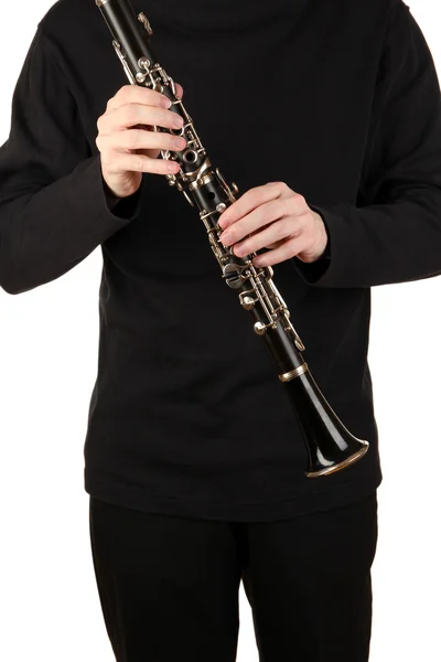 Musicista che suona su clarinetto isolato su bianco — Foto Stock