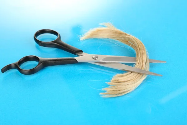 Trozos de cabello cortado con tijeras sobre fondo azul — Foto de Stock