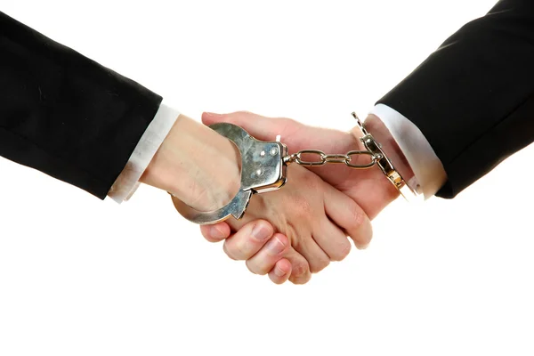 Man and woman hands and breaking handcuffs isolated on white background — Stock Photo, Image