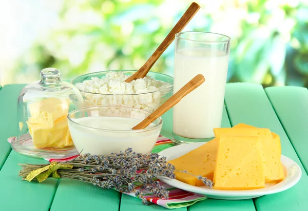 Vaso de leche y queso sobre fondo natural — Foto de Stock