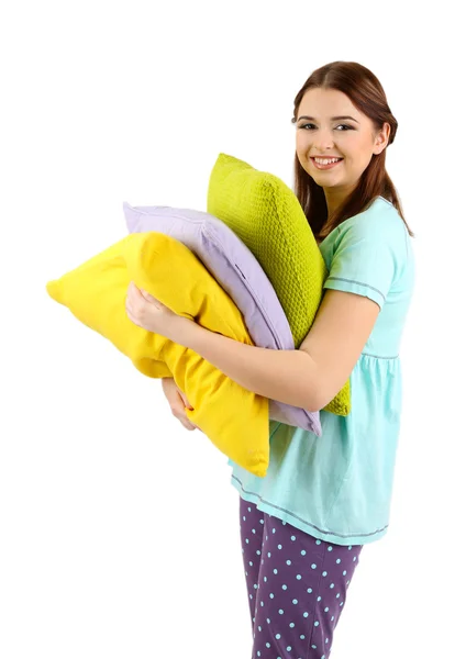 Beautiful young girl with pillows isolated on whit — Stock Photo, Image