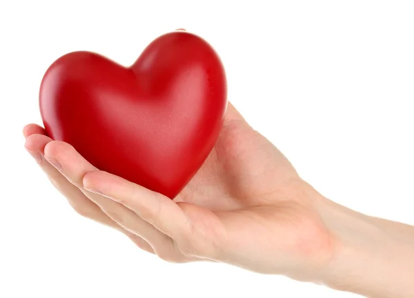 Corazón rojo en la mano del hombre, aislado en blanco — Foto de Stock