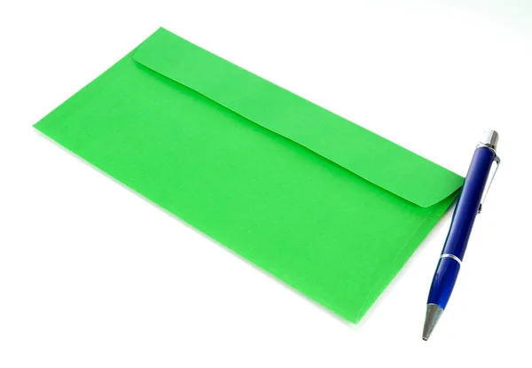 Envelope with pen isolated on white — Stock Photo, Image