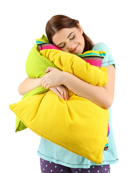Красивая молодая девушка с подушками изолированы на Уит — стоковое фото