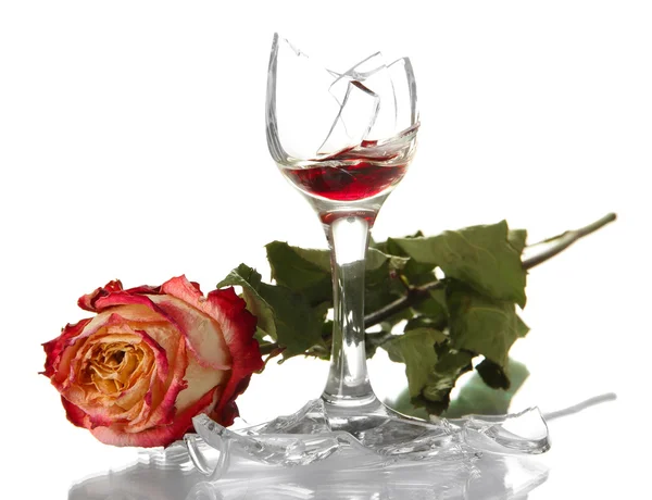 Broken wineglass with dry rose isolated on white — Stock Photo, Image