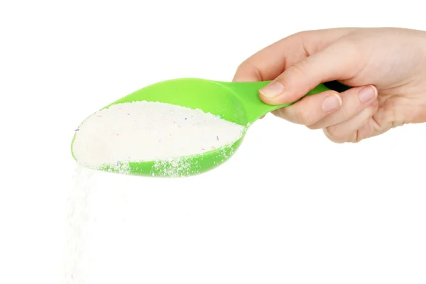 Measuring cup with washing powder in hand isolated on white — Stock Photo, Image