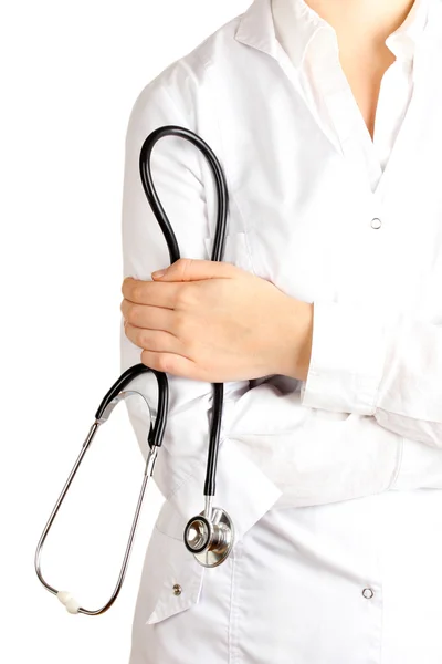 Doctor with stethoscope in hands isolated on white — Stock Photo, Image