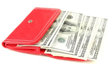 çanta üzerinde beyaz izole yüz dolarlık banknot ile