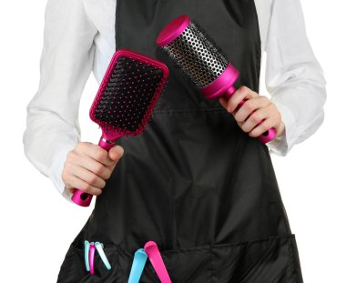 Kuaför ile çalışan araçlar, üzerinde beyaz izole üniformalı