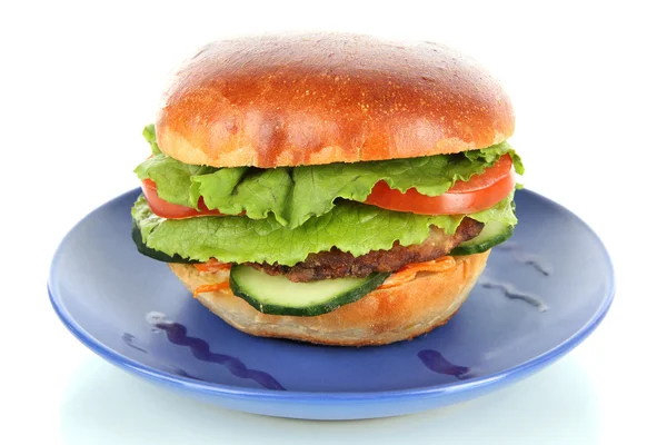 Grote en smakelijke hamburger op plaat geïsoleerd op wit — Stockfoto