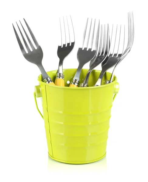 Forks in metal bucket, isolated on white — Stock Photo, Image
