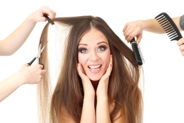 Güzellik salonları, üzerinde beyaz izole uzun saçlı kadın