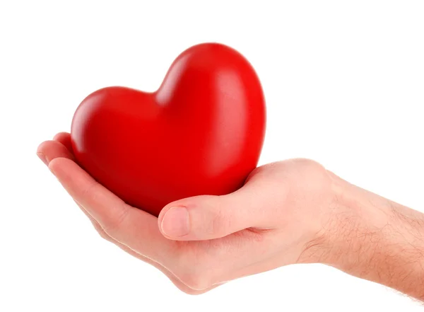 Corazón rojo en la mano del hombre, aislado en blanco — Foto de Stock