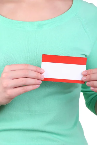 Nametag em branco na roupa da menina fechar — Fotografia de Stock