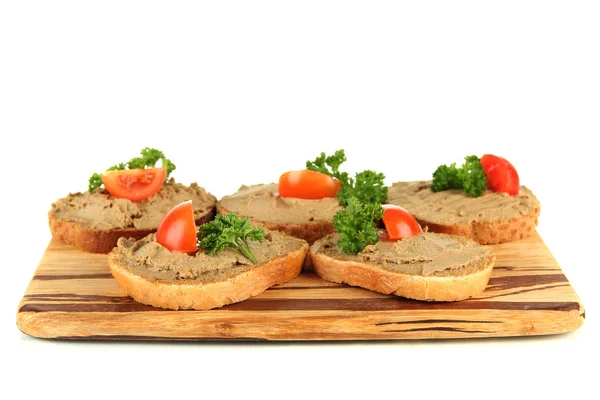 Fresh pate on bread on wooden board, isolated on white — Stock Photo, Image