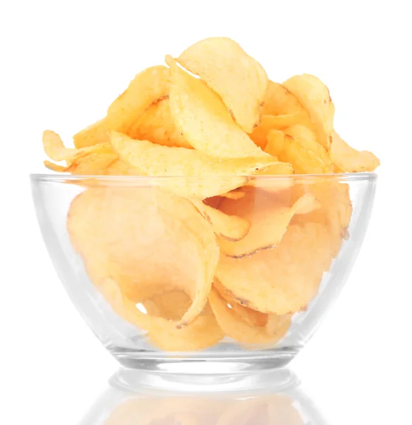 Potato chips in glass bowl, isolated on white — Stock Photo, Image