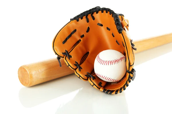 Baseball handske, bat och boll isolerad på vit — Stockfoto