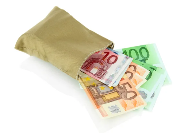 Bag of money with different euro banknotes isolated on white — Stock Photo, Image