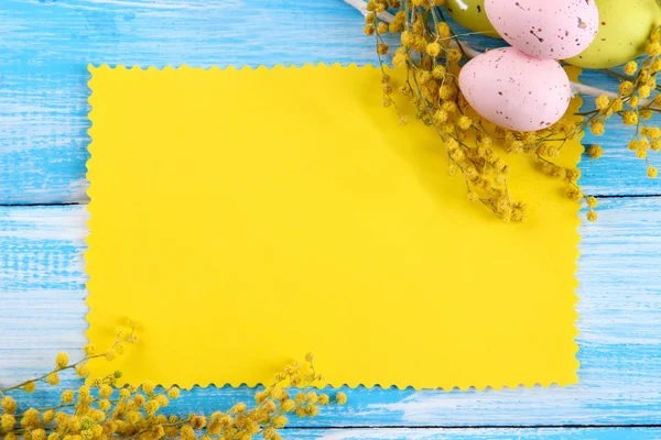 Cartão vazio com ovos de páscoa e flores de mimosa, em fundo de madeira azul — Fotografia de Stock