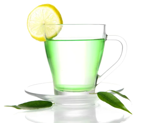 Transparent cup of green tea with lemon, isolated on white — Stock Photo, Image