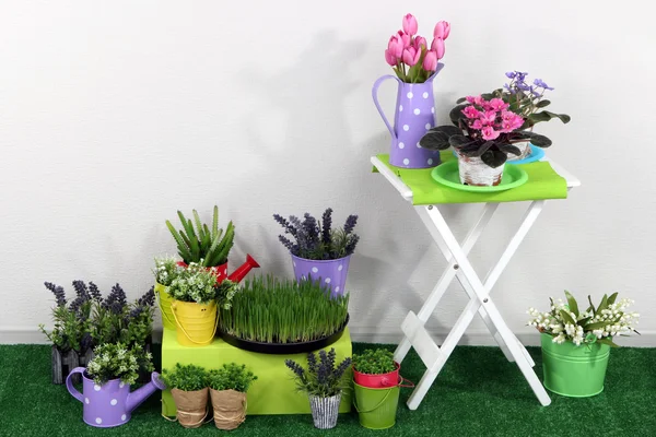 Caisse de couleur et table avec des éléments décoratifs et des fleurs debout sur l'herbe — Photo