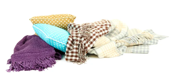 Plaids and color pillows, isolated on white — Stock Photo, Image