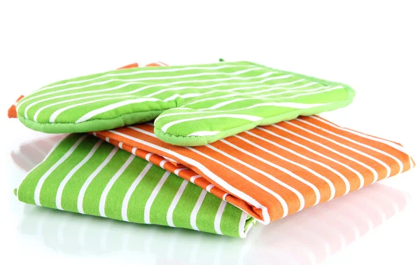 Potholder and two tea towels isolated on white — Stock Photo, Image