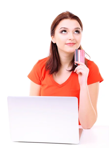 Belle jeune femme avec ordinateur portable isolé sur blanc — Photo