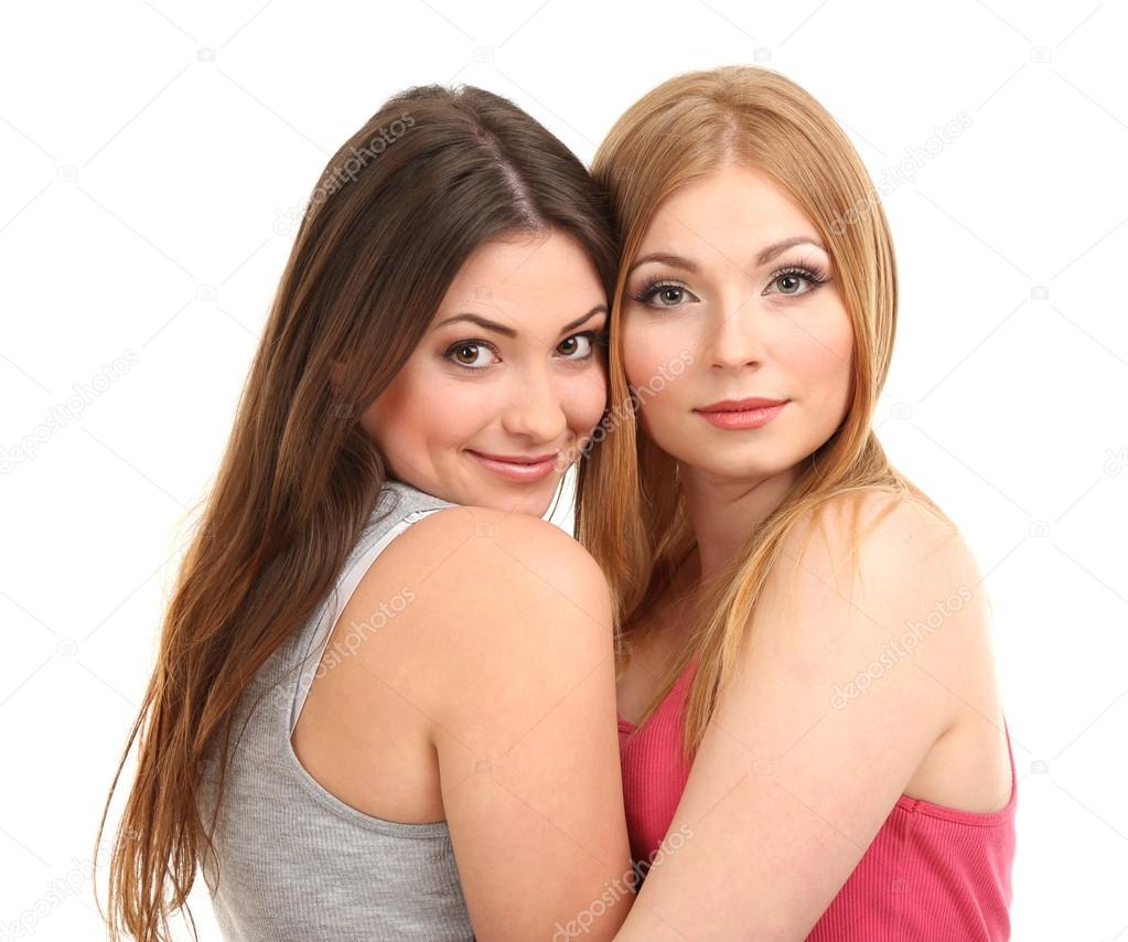 Two lesbian girls hugging shows heart stock photo