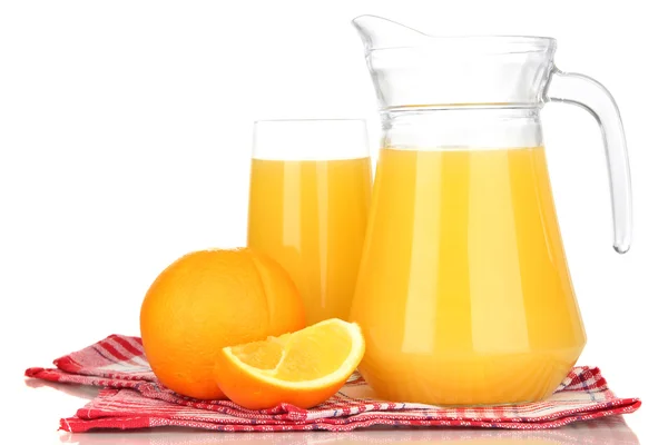 Full glass and jug of orange juice and oranges isolated on white — Stock Photo, Image