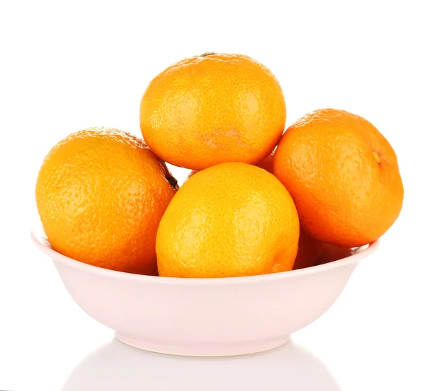 Tasty mandarines in color bowl isolated on white — Stock Photo, Image