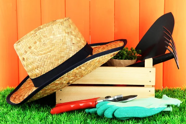 Tuingereedschap op gras in de tuin — Stockfoto