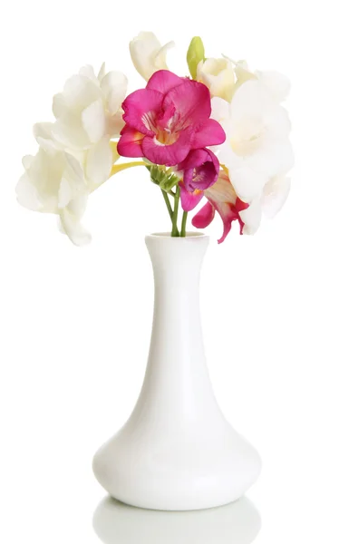 Гарний букет з фрезії у вазі, ізольований на білому — стокове фото