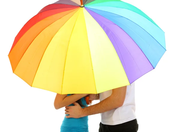 Loving couple standing with umbrella isolated on white — Stock Photo, Image