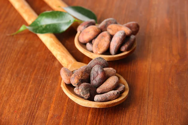 Fagioli di cacao con foglie in cucchiai su sfondo di legno — Foto Stock