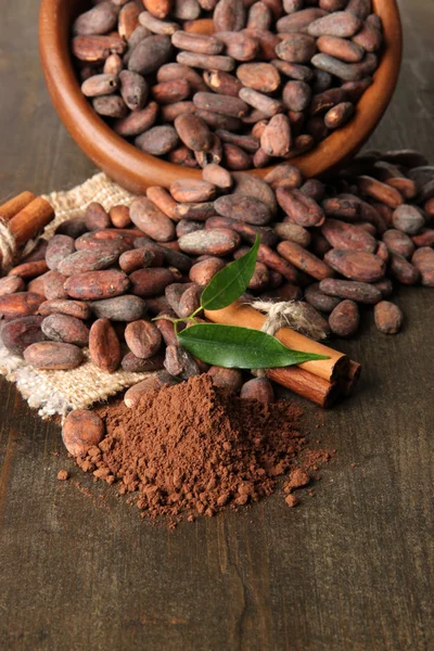 Kakaobohnen in Schale, Kakaopulver und Gewürze auf Holzgrund — Stockfoto