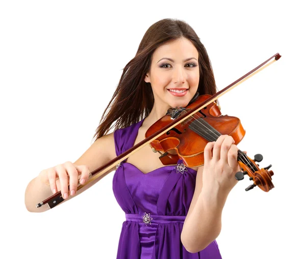 Hermosa joven con violín, aislada en blanco —  Fotos de Stock