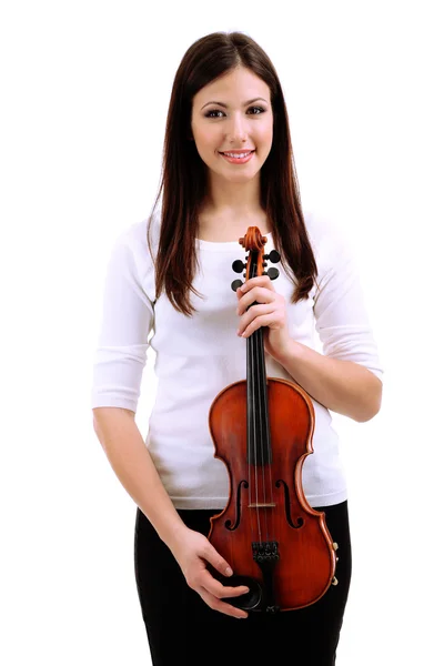 Vakker ung jente med fiolin, isolert på hvit – stockfoto