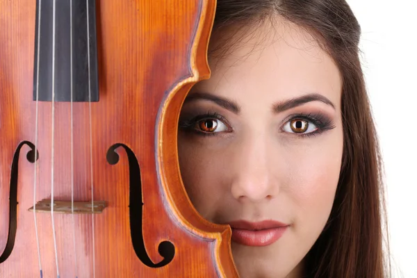Beautiful young girl with violin, close up — Stock Photo, Image