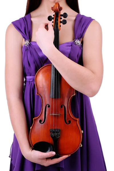 Beautiful young girl with violin, isolated on white — Stock Photo, Image