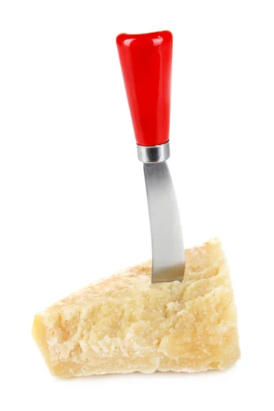 Piece of Parmesan cheese with knife isolated on white — Stock Photo, Image