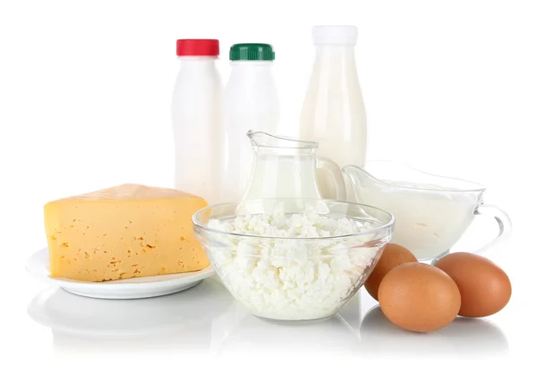 Dairy products and eggs isolated on white — Stock Photo, Image
