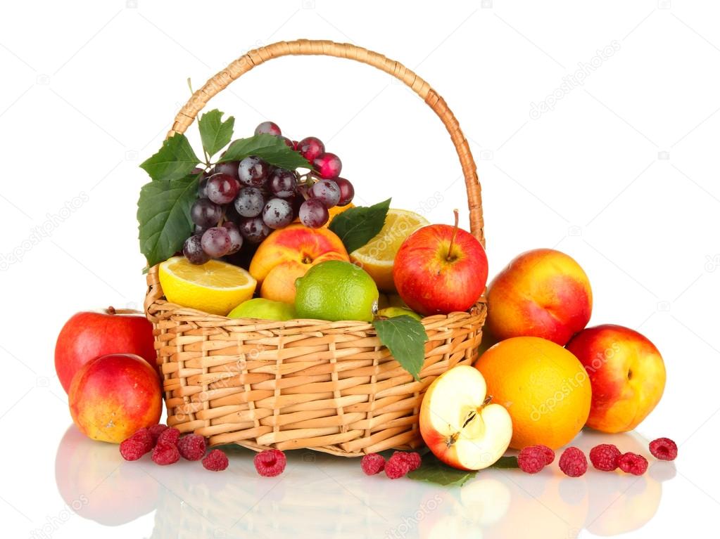 Assortment of exotic fruits in basket, isolated on white