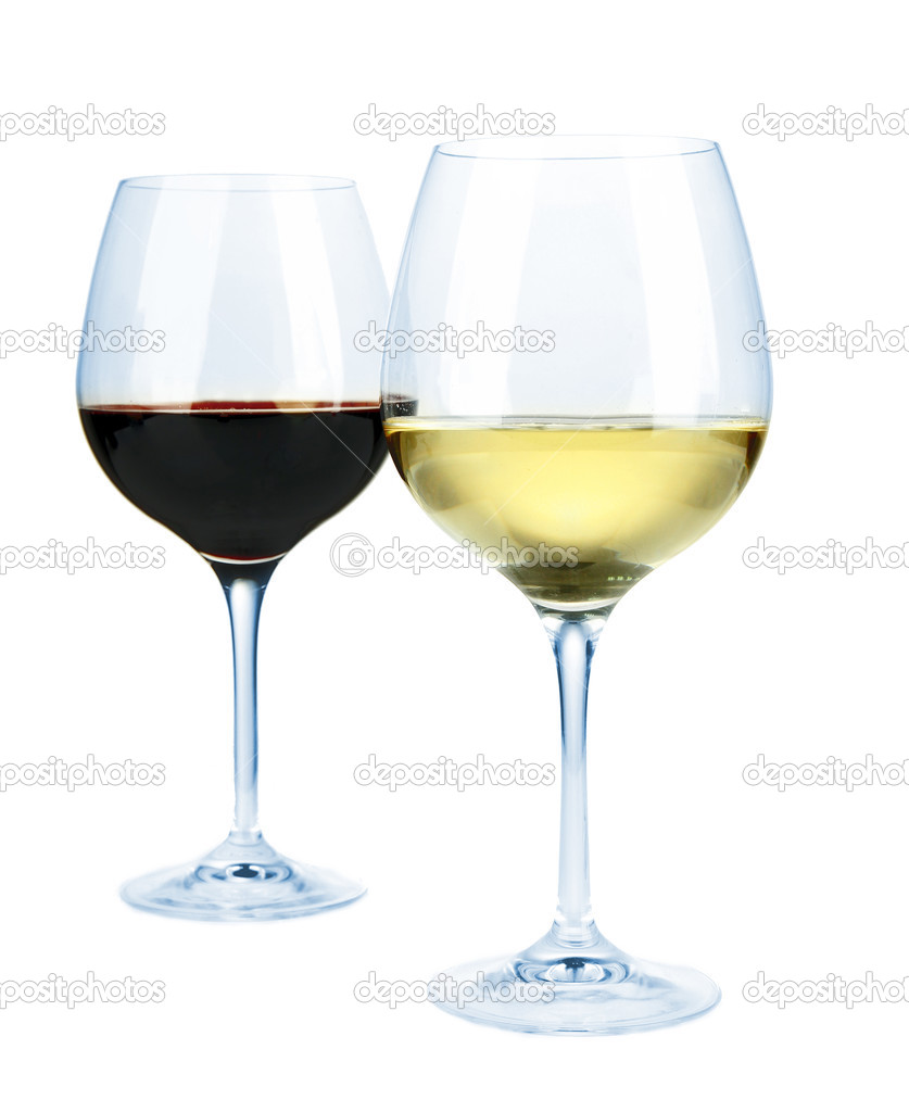 Two glasses of red and white wine, isolated on white
